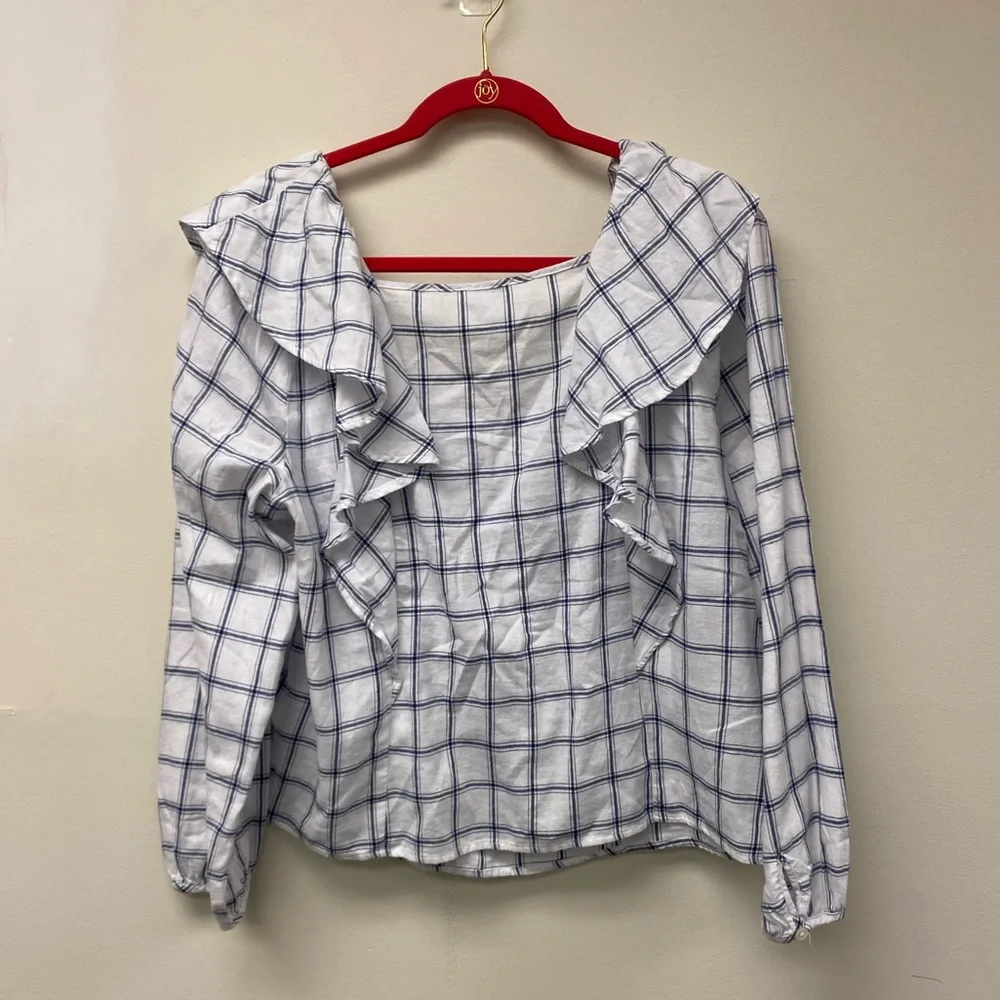 J.Crew Plaid Flannel Square Neck Ruffle Blouse size Large